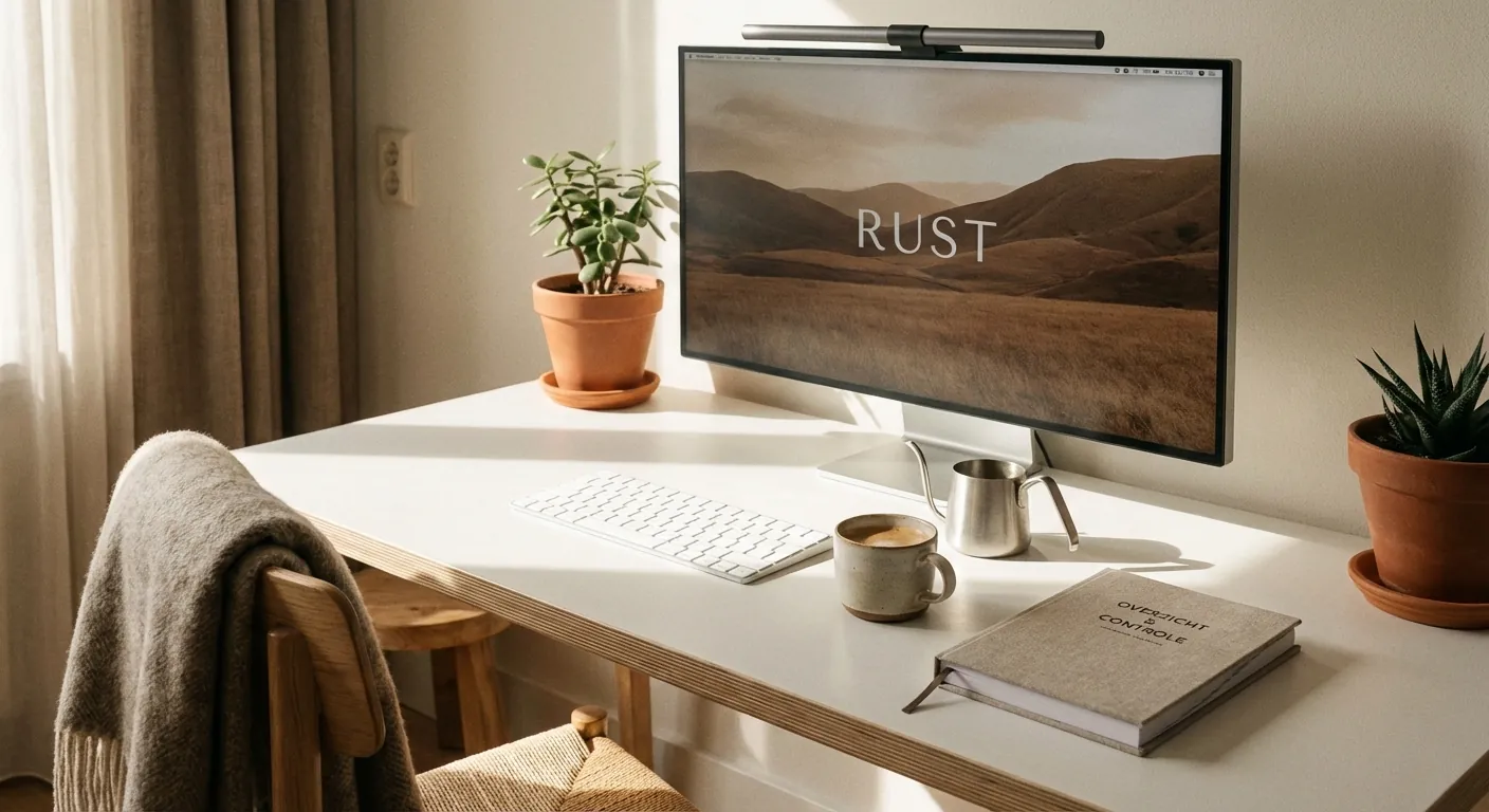 Opgeruimd bureau met helder scherm, koffie en rust — controle over administratie en cashflow