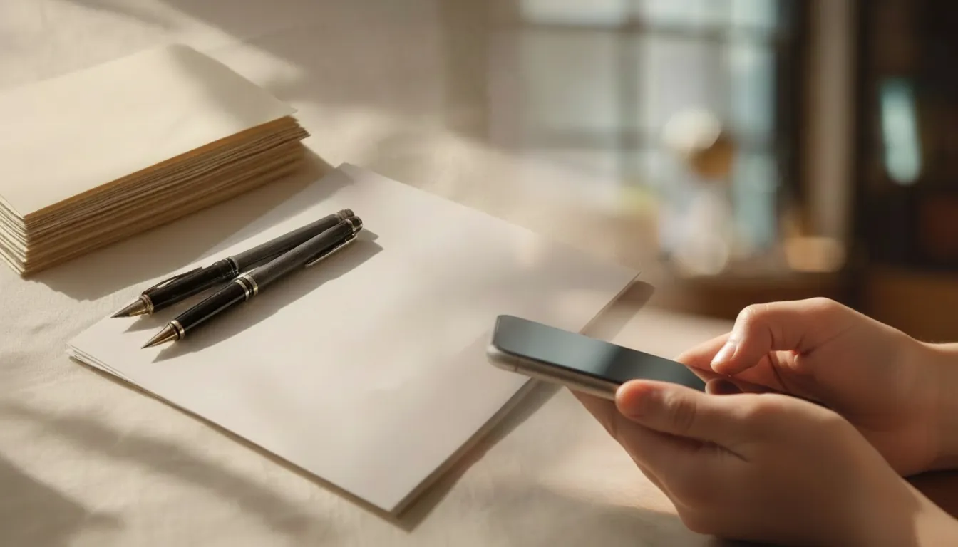 Bloknoot met balpennen en hand met gsm — intentie en verbinding