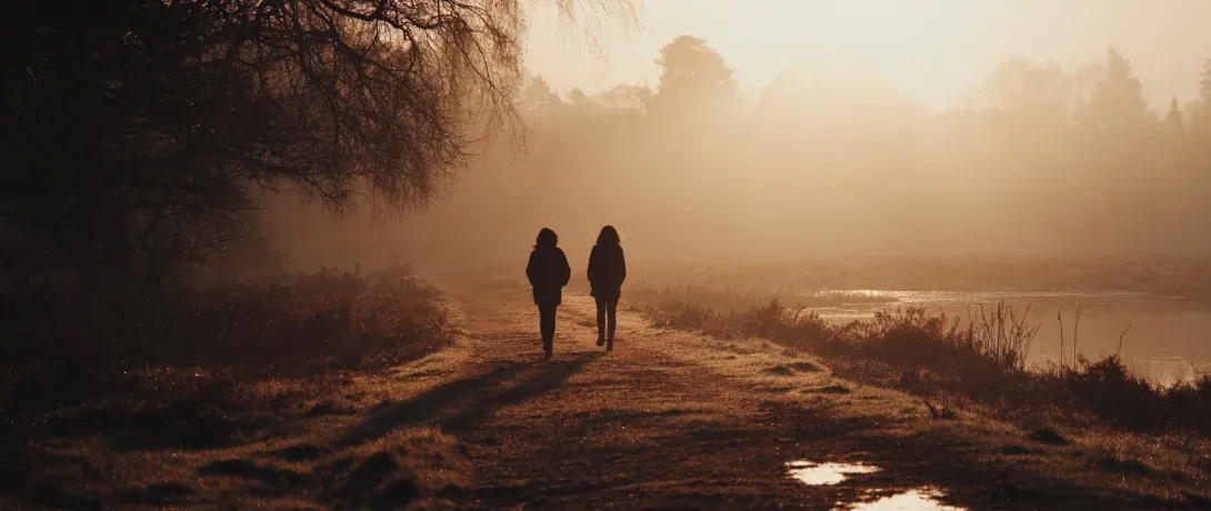 Twee personen wandelen samen in warm ochtendlicht — verbinding en richting