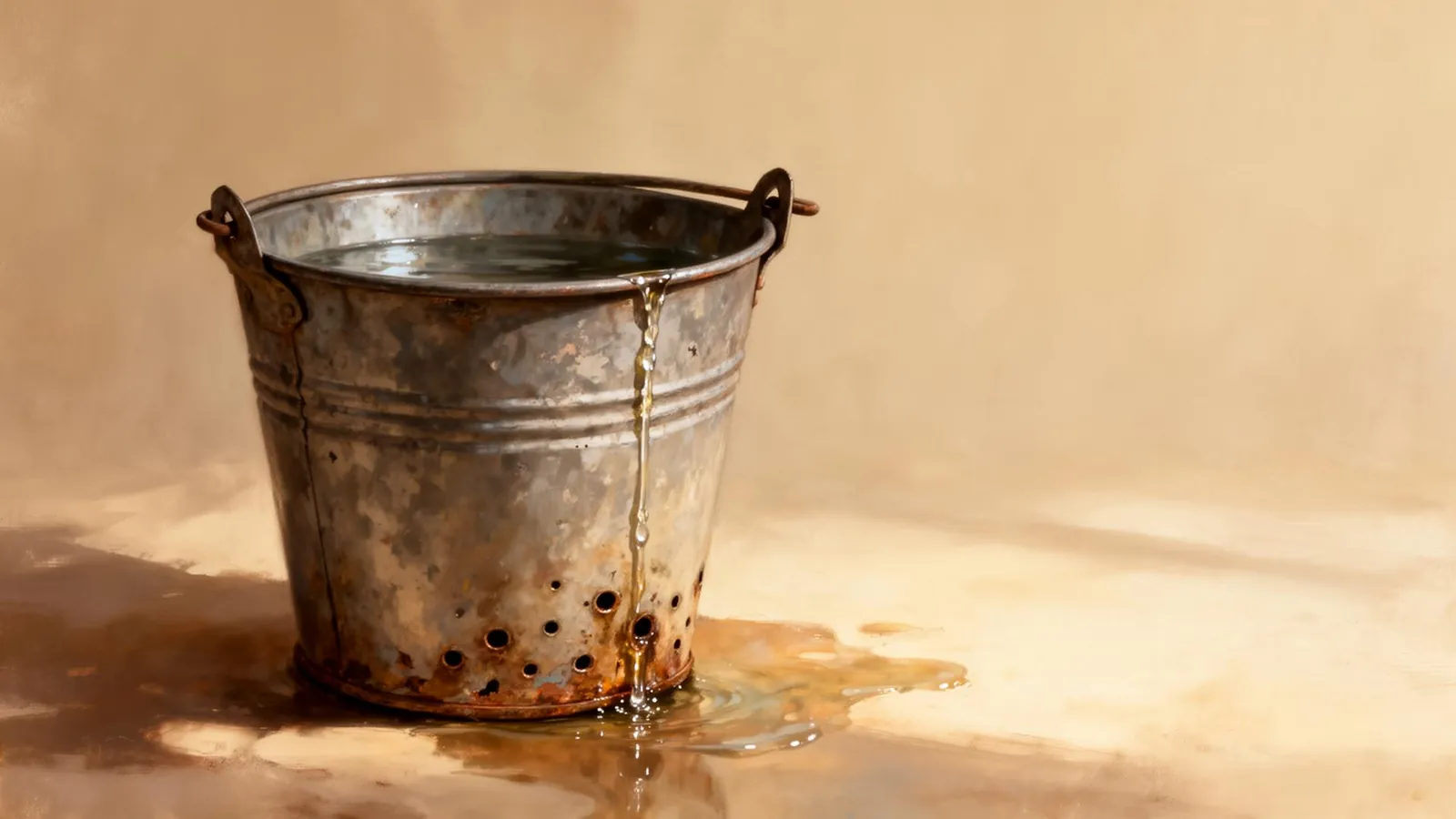 Een metalen emmer waaruit water langzaam wegloopt